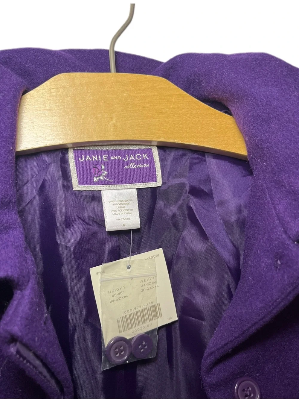 NWT Janie and Jack Size 6 Deep Purple Wool-Blend Pea Coat Dress Jacket